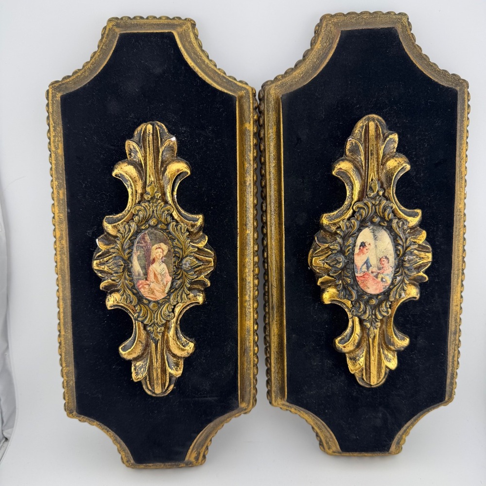 Jaru Vintage Wall Plaques Set 2 Gold Black Velvet Victorian Portrait Rococo Art